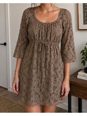 Isle Apparel Olive Flower Eyelet Dress with Tie Waist NWT